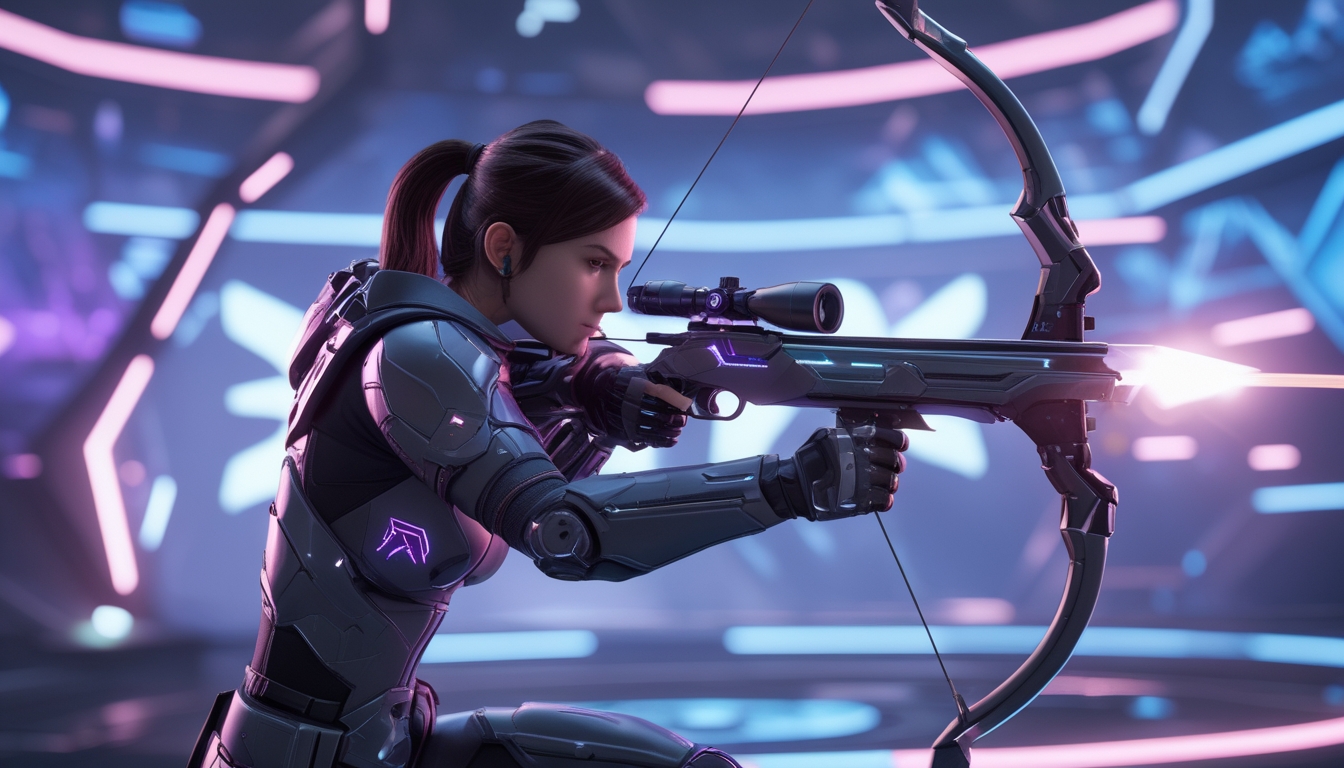 Seorang pahlawan marksman dengan senjata futuristik sedang membidik di medan pertempuran digital yang berwarna-warni.