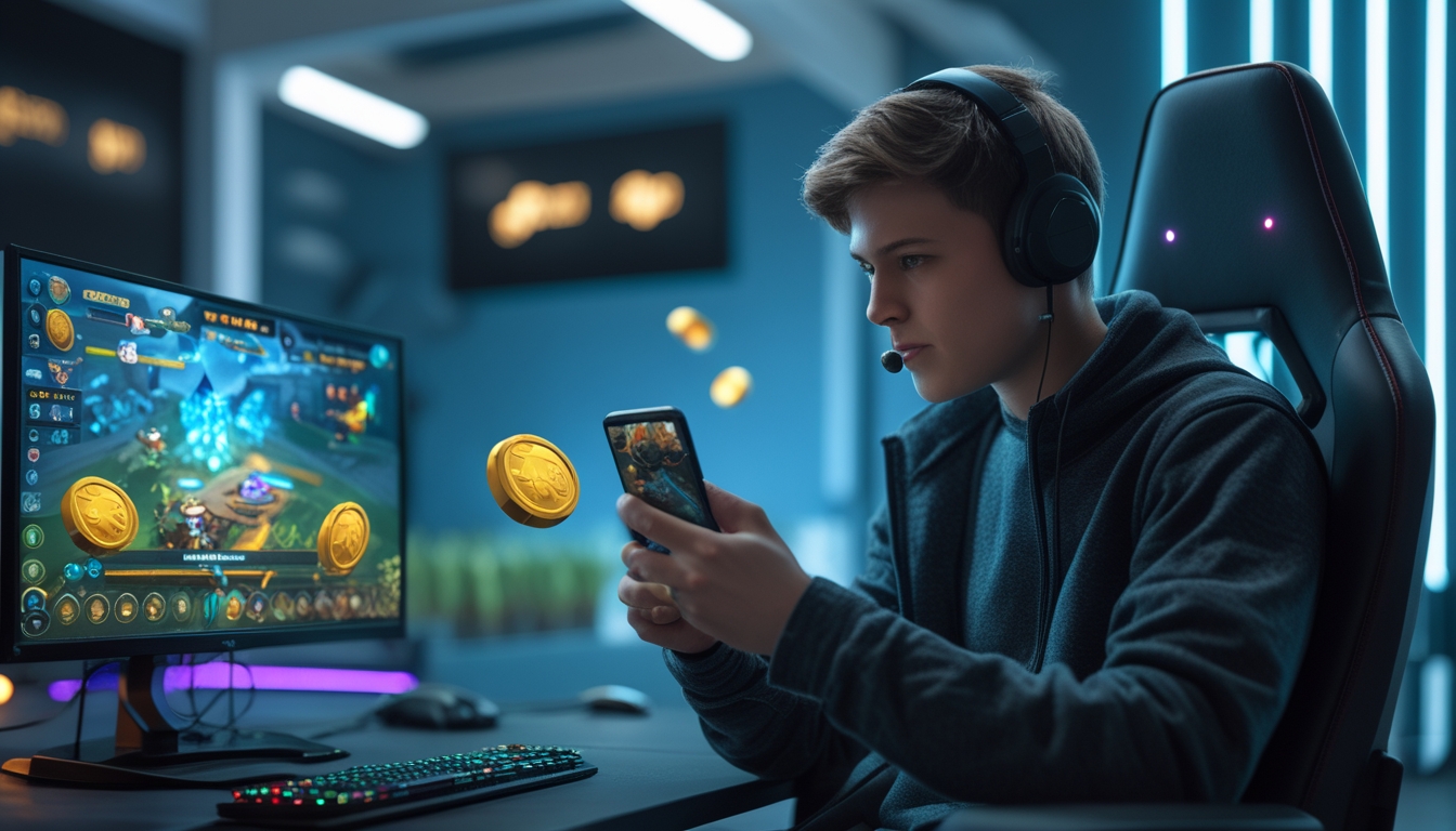 Seorang pemain solo sedang bermain game di ponsel dengan latar belakang suasana gaming modern dan ikon emas digital.
