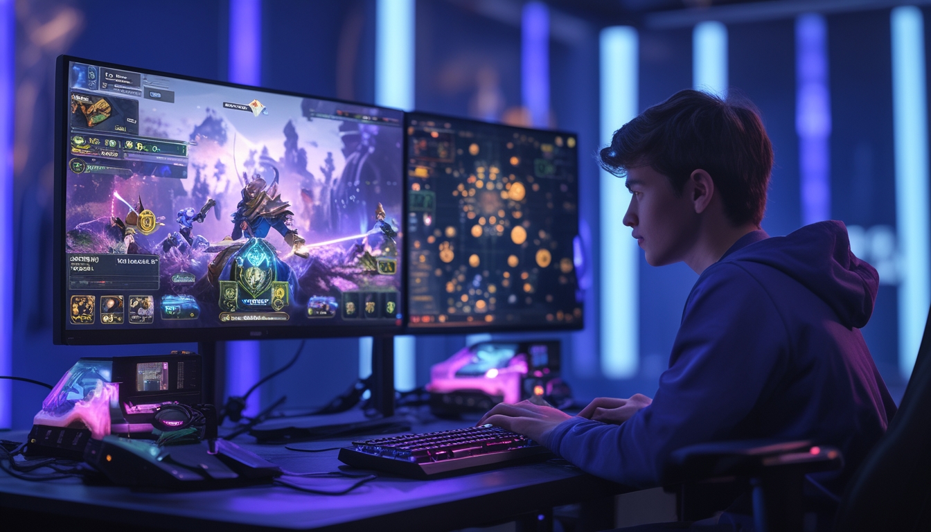 Seorang pemain muda fokus bermain game di depan monitor dengan latar belakang suasana gaming yang modern dan pencahayaan biru ungu.