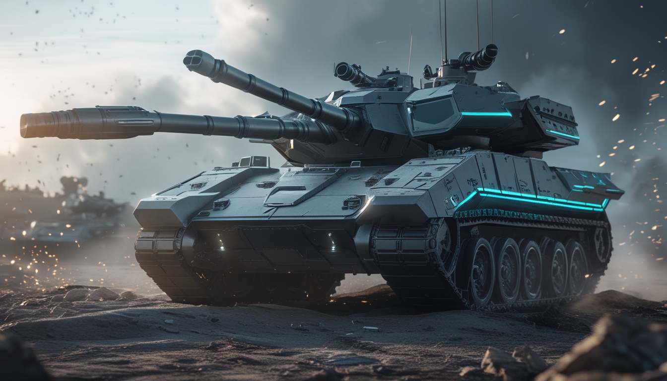 Sebuah tank tempur futuristik yang kuat dan berat di medan perang dengan latar belakang asap dan percikan api.