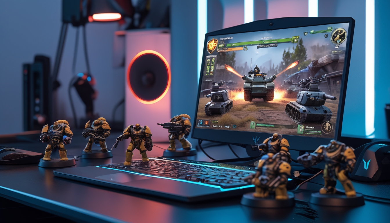 Sebuah setup gaming dengan laptop menampilkan permainan Arena of Valor dan miniatur pahlawan tank yang kuat di meja.