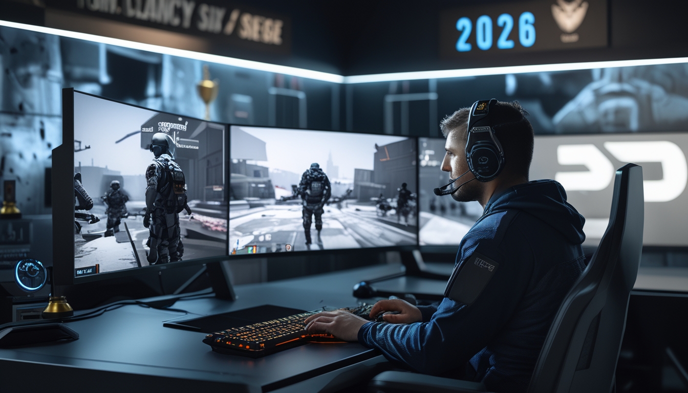Seorang pemain game sedang fokus bermain Rainbow Six Siege di ruang gaming modern dengan beberapa monitor dan peralatan gaming canggih.