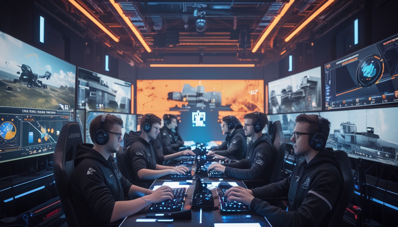 Sekelompok pemain esports sedang bermain Rainbow Six Siege dengan fokus di arena gaming modern, dikelilingi oleh layar dan peralatan gaming canggih.