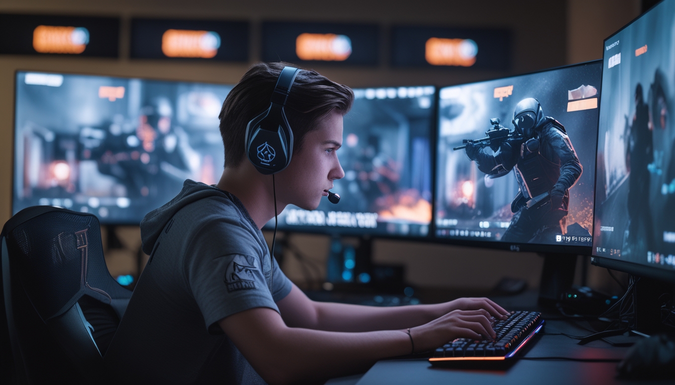 Seorang pemain muda sedang fokus bermain game Rainbow Six Siege sendirian di depan komputer dengan beberapa layar dan pencahayaan warna-warni.