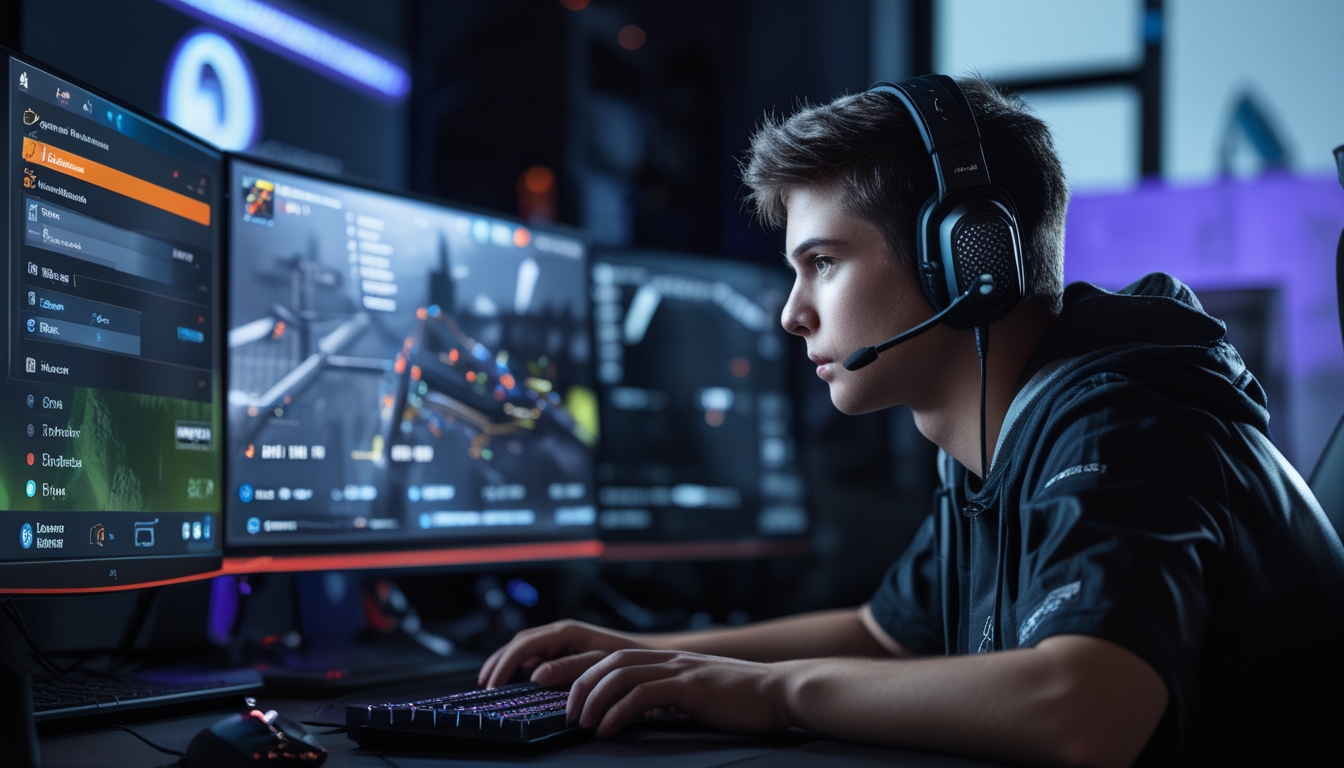 Seorang pemain muda fokus bermain game taktis di depan komputer dengan dua monitor, mengenakan headset dan menggunakan perlengkapan gaming di ruangan dengan pencahayaan redup.