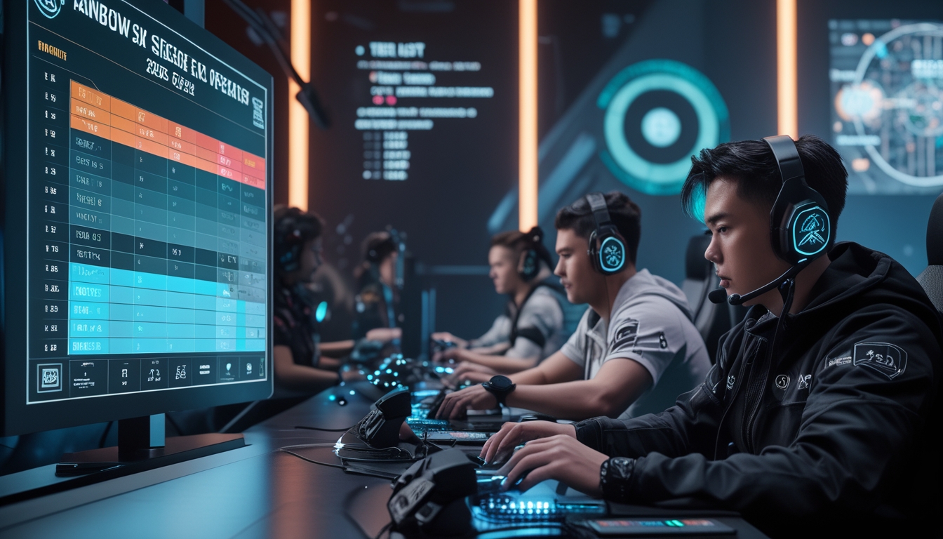 Sejumlah pemain esports mengenakan perlengkapan taktis sedang bermain game di depan layar holografik yang menampilkan grafik warna-warni dan peta strategi.