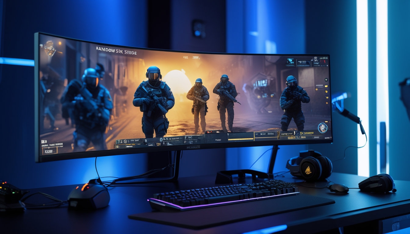 Setup gaming modern dengan monitor besar menampilkan adegan permainan Rainbow Six Siege 2026 dan perlengkapan gaming di meja.