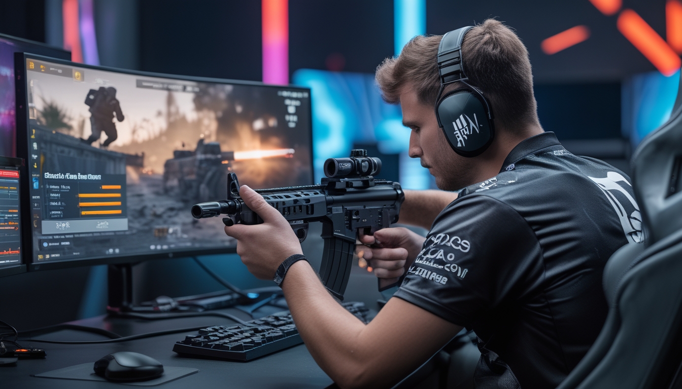 Seorang pemain esports fokus bermain game tembak-menembak di depan komputer dengan pengaturan sensitivitas untuk meningkatkan akurasi tembakan.