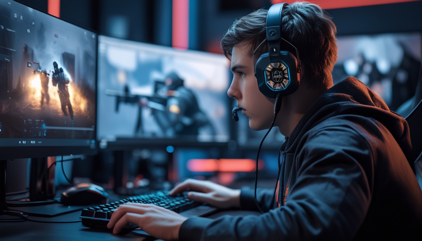 Seorang pemain game fokus menggunakan headset di depan komputer dengan tampilan permainan tembak-menembak taktis.