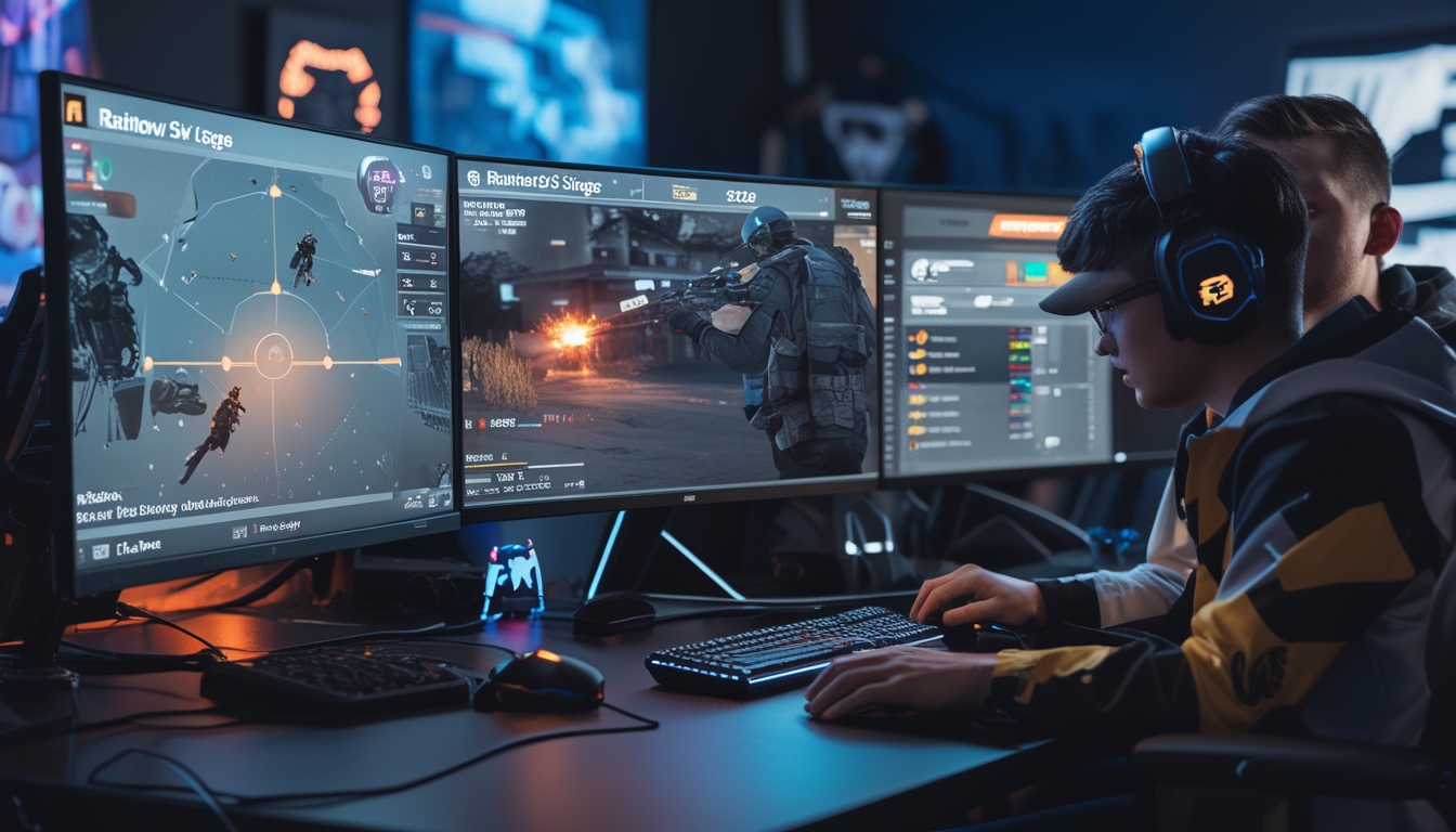Sekelompok gamer sedang berdiskusi dan bermain Rainbow Six Siege dengan peta taktis dan peralatan gaming di meja mereka.