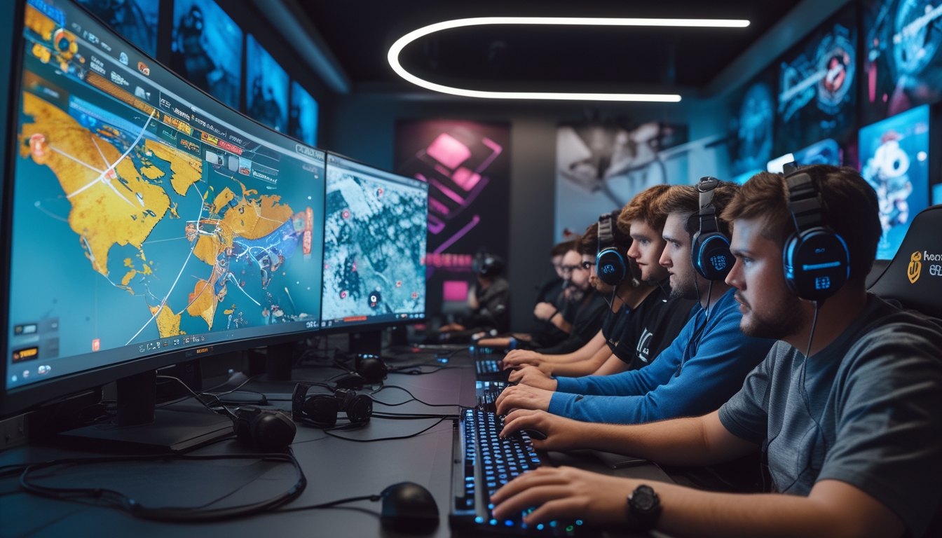 Beberapa pemain sedang berkumpul dan berdiskusi di depan layar besar yang menunjukkan peta taktis Rainbow Six Siege, dengan suasana ruangan gaming yang modern dan pencahayaan warna-warni.