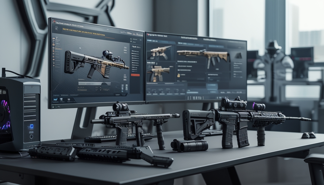 Sebuah setup gaming dengan senjata taktis dan layar yang menampilkan pengaturan senjata dan kontrol recoil.