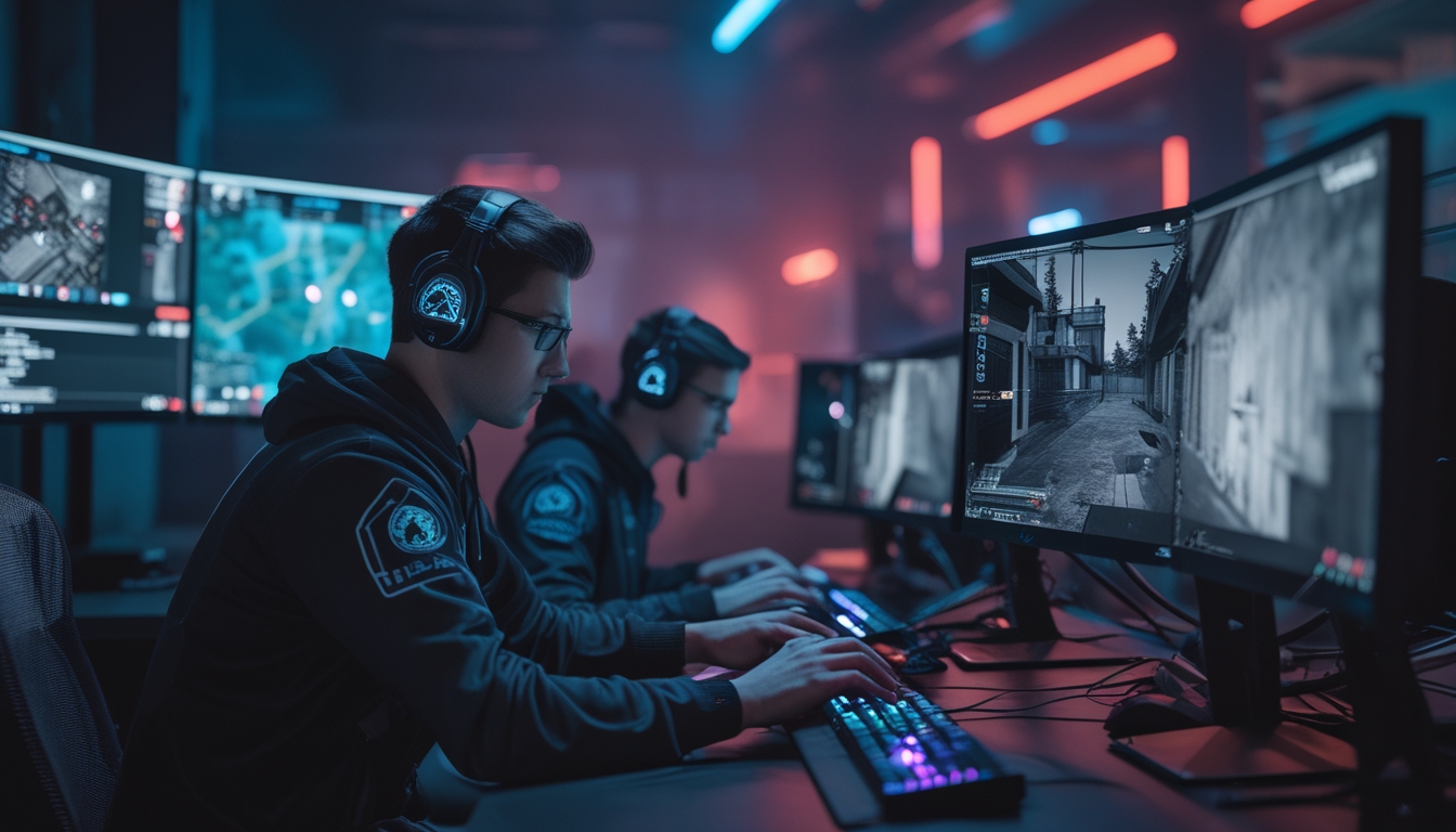 Dua pemain esports sedang bermain Rainbow Six Siege dalam pertandingan peringkat, satu bertugas sebagai anchor di posisi bertahan, satu lagi bergerak sebagai roamer di dalam bangunan yang gelap.
