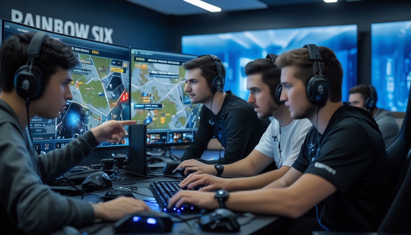 Sekelompok pemain muda sedang berdiskusi dan merencanakan strategi serangan di Rainbow Six Siege dengan peta digital di layar komputer.