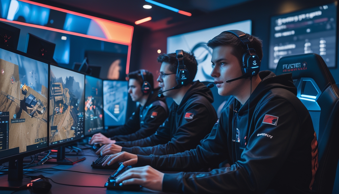 Tim pemain esports sedang fokus bermain dan berdiskusi strategi dalam ruangan gaming dengan monitor besar dan pencahayaan biru-merah.