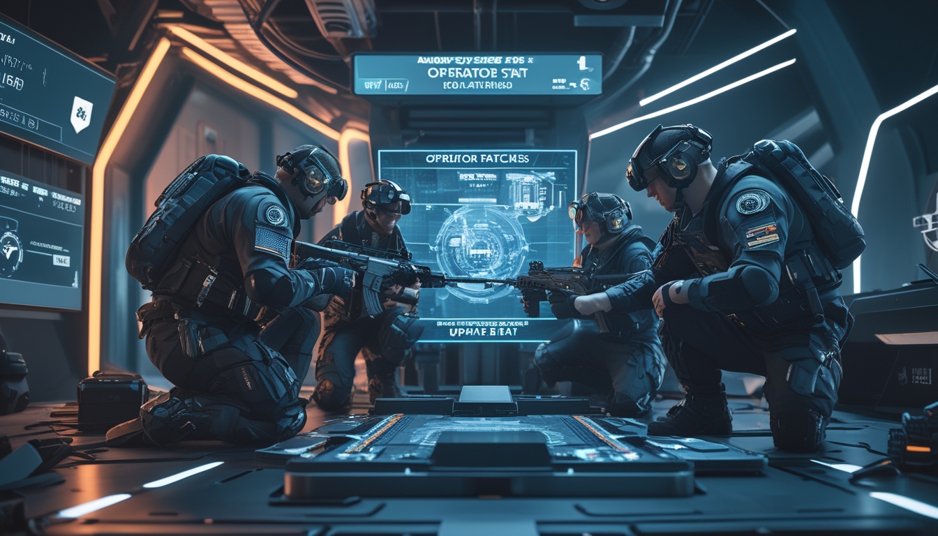 Sekelompok operator taktis dengan perlengkapan canggih sedang merencanakan strategi di sekitar peta holografik di lingkungan perkotaan futuristik.