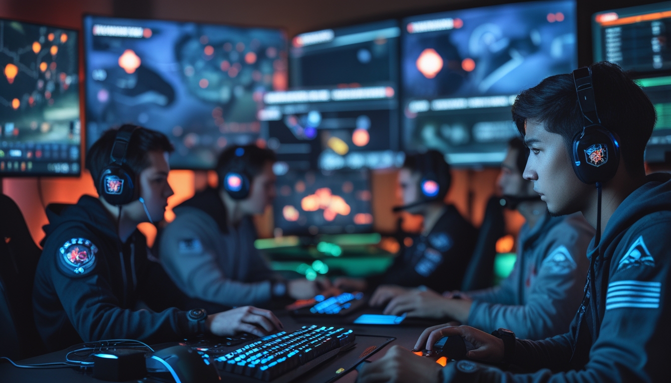 Seorang kelompok pemain game sedang fokus bermain di depan komputer dengan layar menampilkan peta dan karakter dari permainan Rainbow Six Siege.