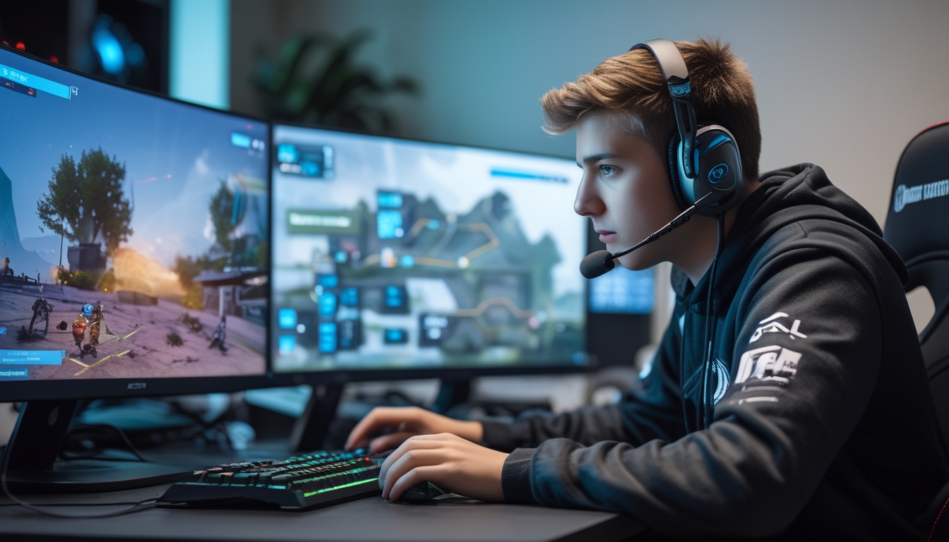 Seorang pemain esports fokus bermain Rainbow Six Siege di depan monitor dengan perlengkapan gaming lengkap.