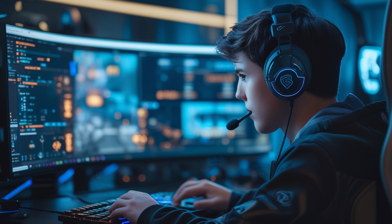 Seorang pemain esports fokus bermain Rainbow Six Siege 2026 di depan monitor dengan perlengkapan gaming di meja.