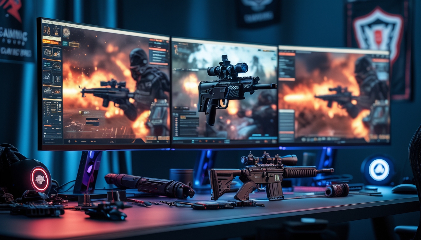 Meja gaming dengan beberapa monitor menampilkan gameplay perang klan dan berbagai senjata taktis futuristik yang tertata rapi.