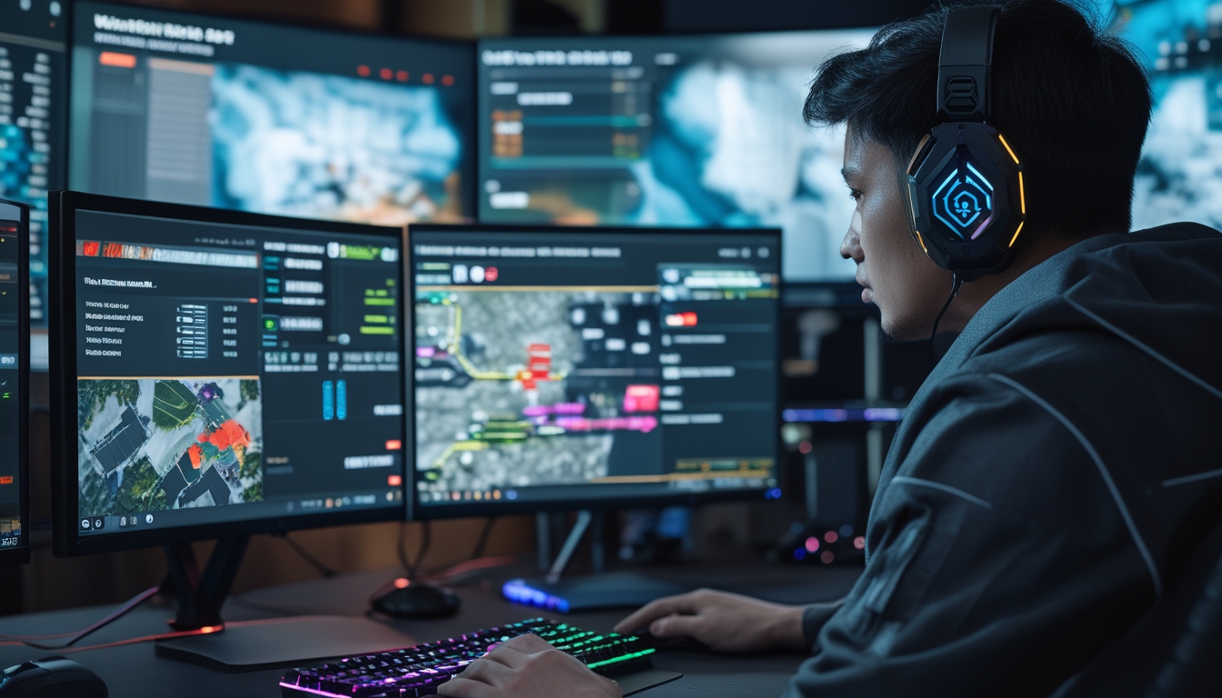 Seorang gamer serius sedang memilih senjata dalam permainan Point Blank di depan beberapa monitor dengan tampilan senjata dan peta strategi.