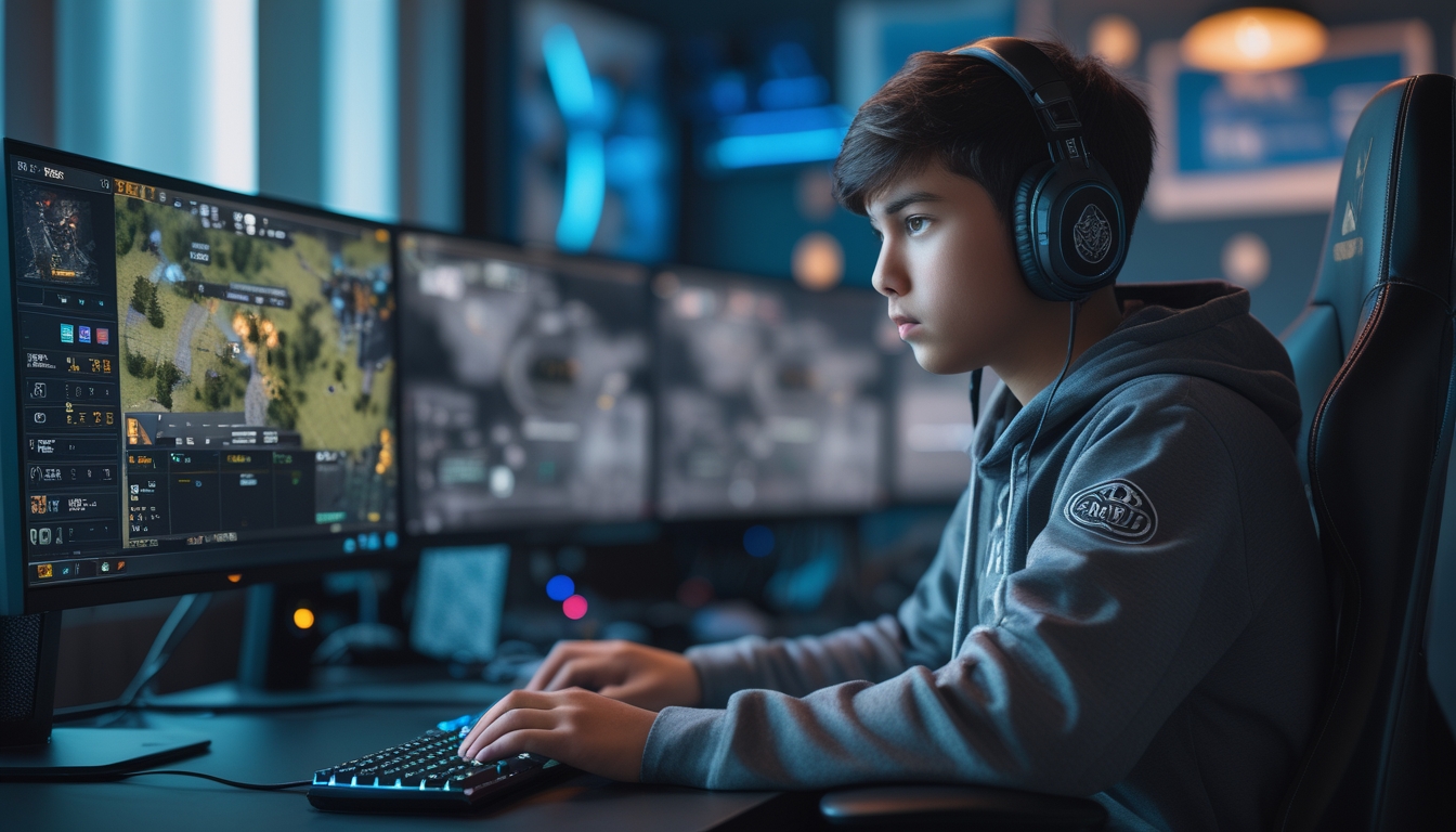 Seorang pemain muda fokus bermain video game tembak-tembakan di depan komputer dengan beberapa monitor dan perlengkapan gaming.