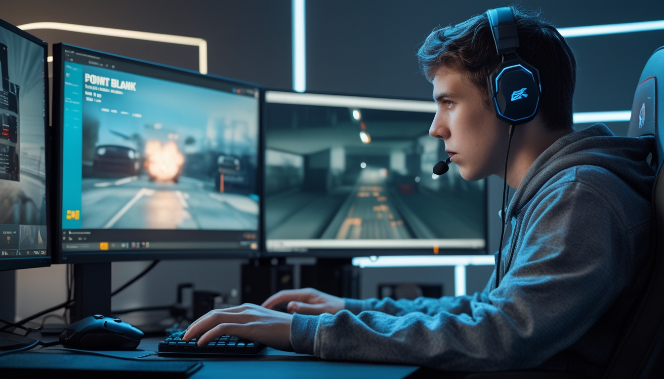 Seorang gamer muda fokus bermain game menembak kompetitif di depan komputer dengan headset dan peralatan gaming di ruangan yang terang.