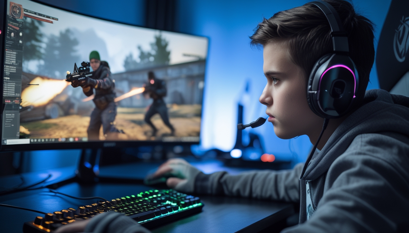 Seorang gamer muda sedang fokus bermain game tembak-menembak di depan komputer dengan perlengkapan gaming lengkap.
