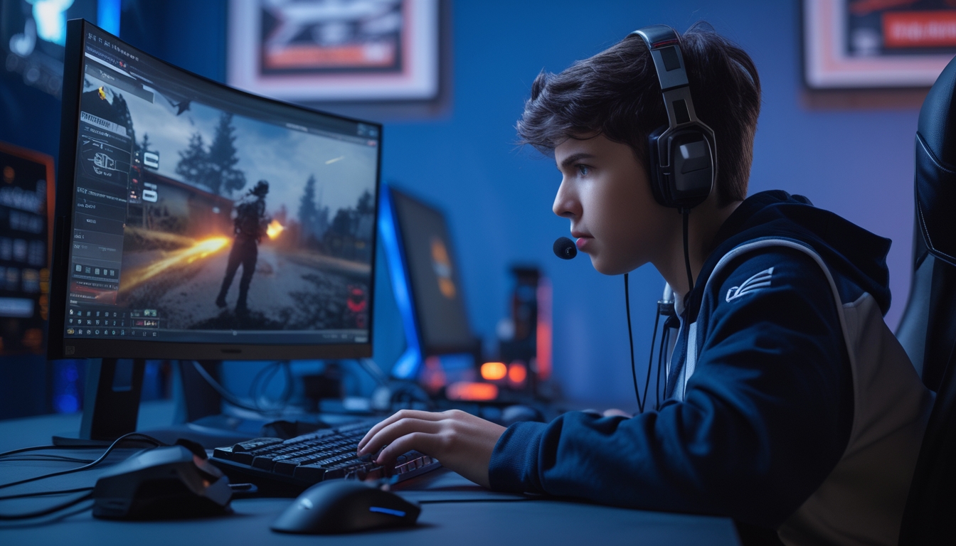Seorang pemain game muda duduk fokus di depan komputer dengan perlengkapan gaming lengkap, sedang bermain game tembak-menembak dari sudut pandang orang pertama.