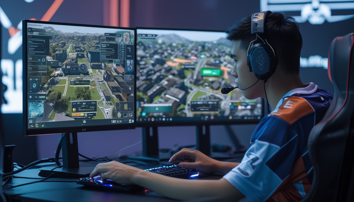 Seorang pemain esports profesional fokus bermain game dengan dua monitor yang menampilkan peta permainan Downtown dan Luxville.