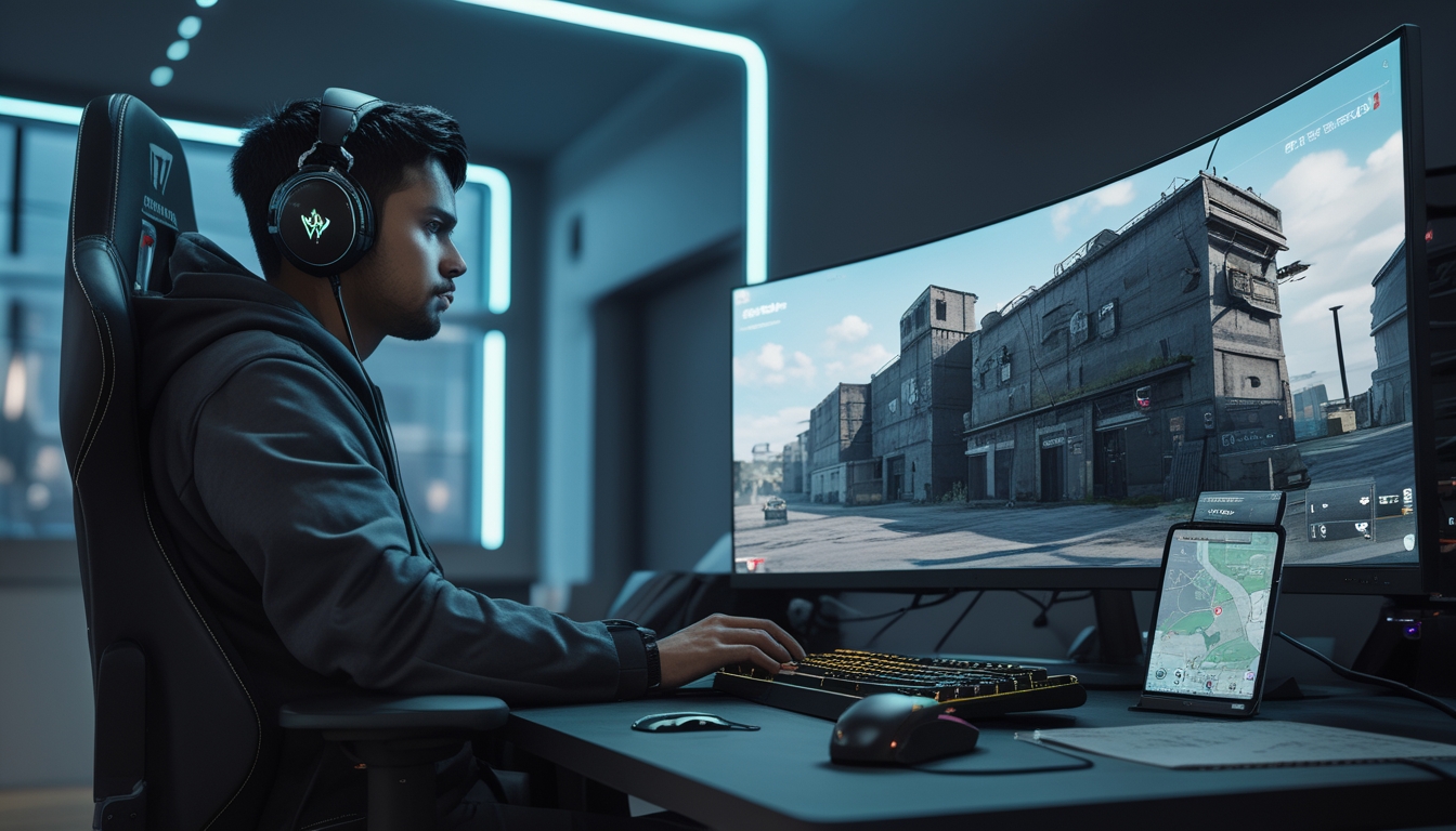 Seorang pemain game serius duduk di depan komputer dengan headset, fokus pada layar yang menampilkan peta kota futuristik dalam permainan tembak-menembak.