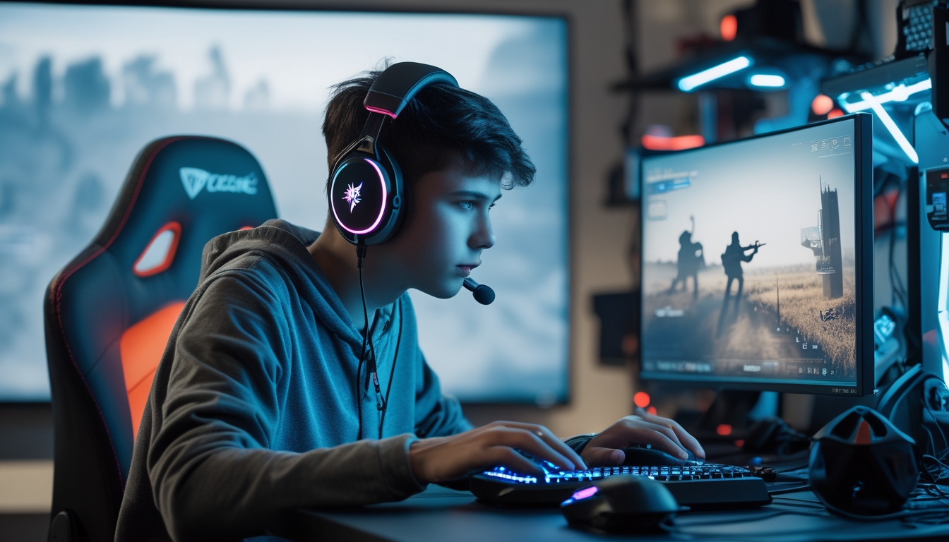 Seorang gamer muda fokus bermain game tembak-menembak di depan monitor besar dengan perlengkapan gaming lengkap.