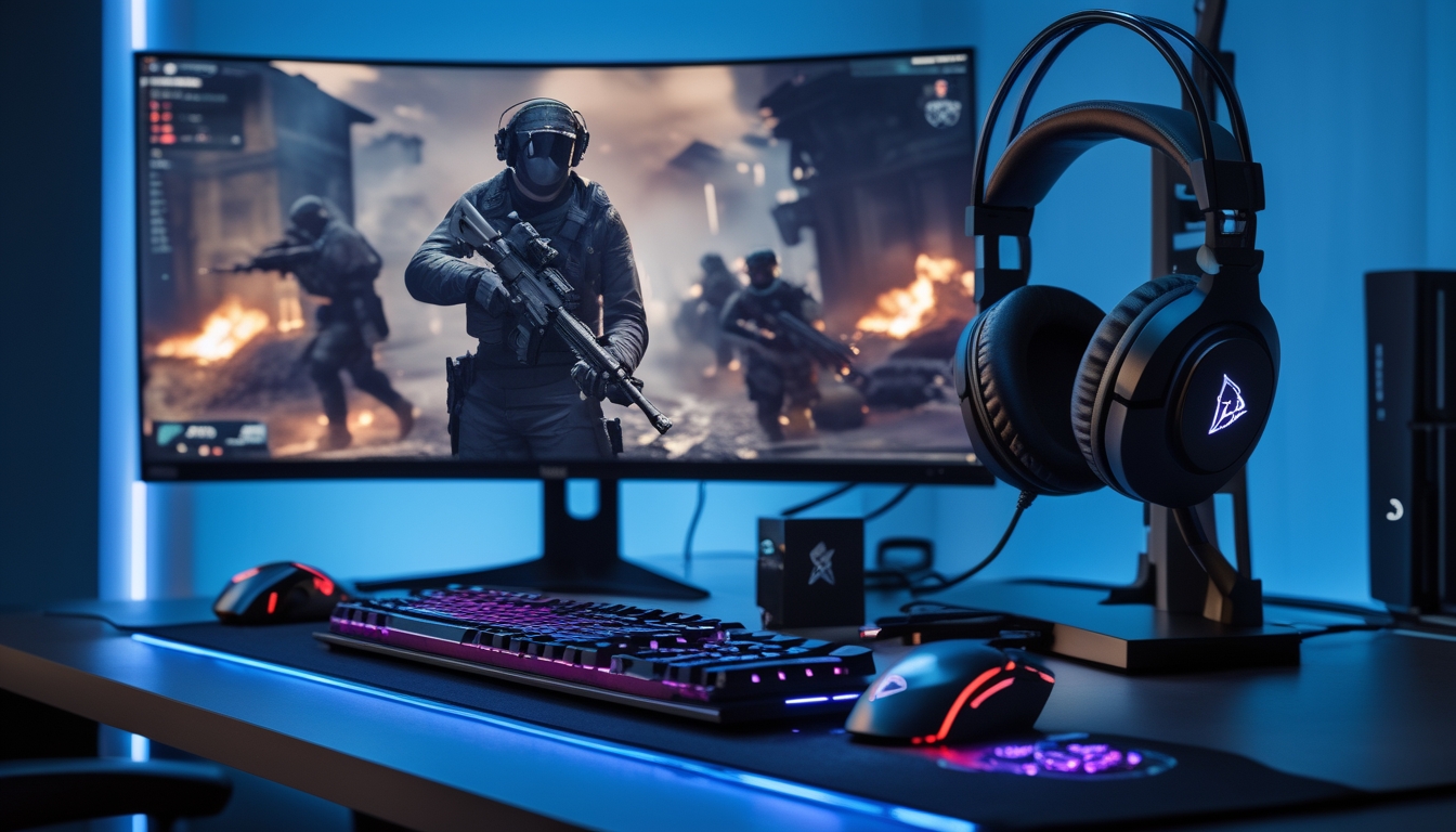 Sebuah meja gaming dengan peralatan lengkap seperti keyboard, mouse, monitor menampilkan permainan, dan headphone di ruangan dengan pencahayaan biru dan ungu.