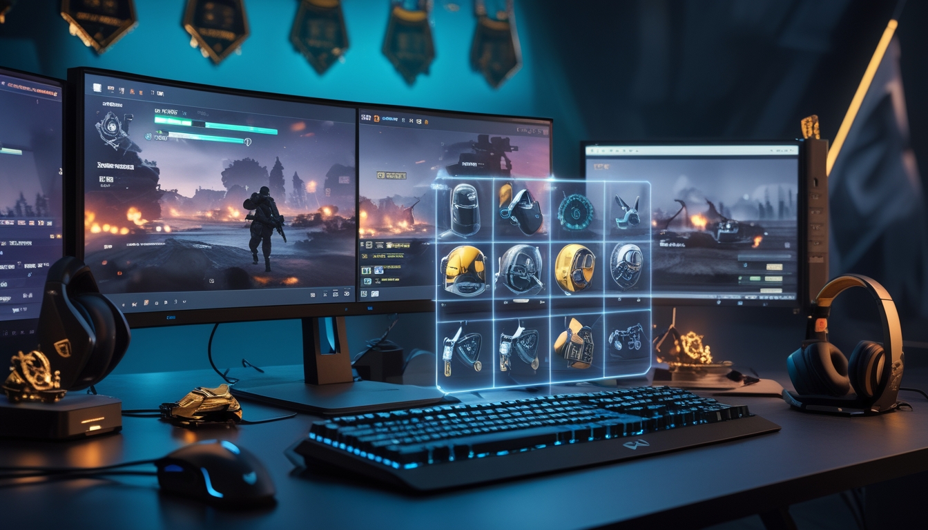 Seorang pemain game sedang menggunakan peralatan gaming lengkap di depan komputer dengan tampilan permainan Point Blank yang intens, dikelilingi oleh perangkat gaming canggih.
