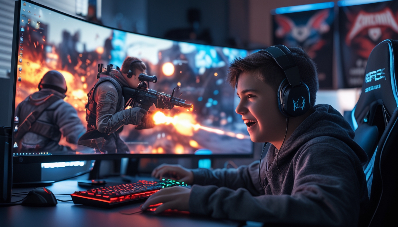 Seorang pemain game muda fokus bermain game tembak-tembakan di komputer dengan setup gaming modern.