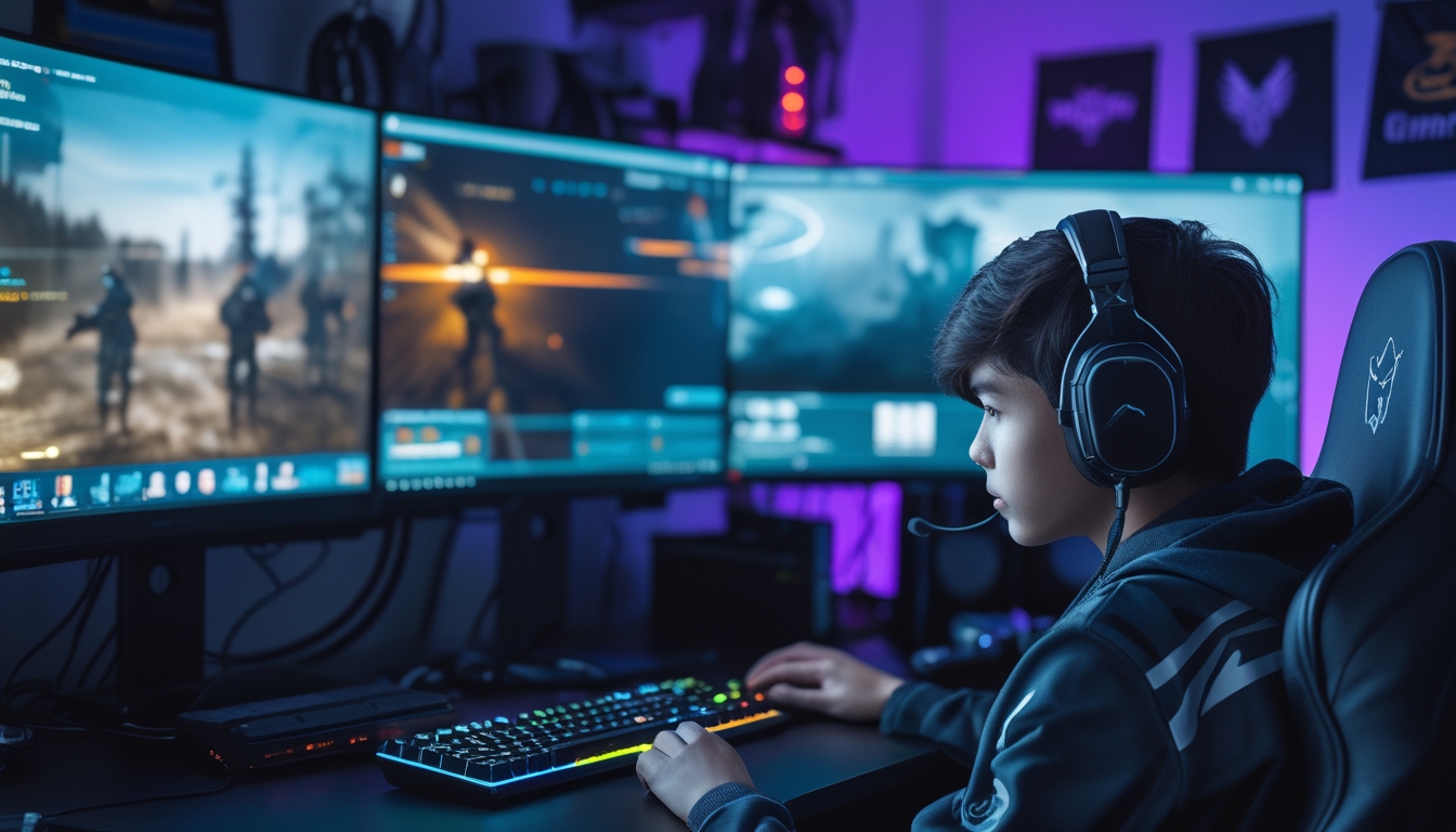 Seorang pemain game muda fokus bermain di depan komputer dengan beberapa monitor yang menampilkan permainan tembak-menembak futuristik.