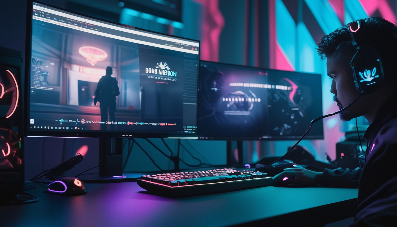 Seorang pemain esports sedang fokus bermain Point Blank 2026 dengan setup gaming modern dan layar menampilkan mode Bomb Mission.