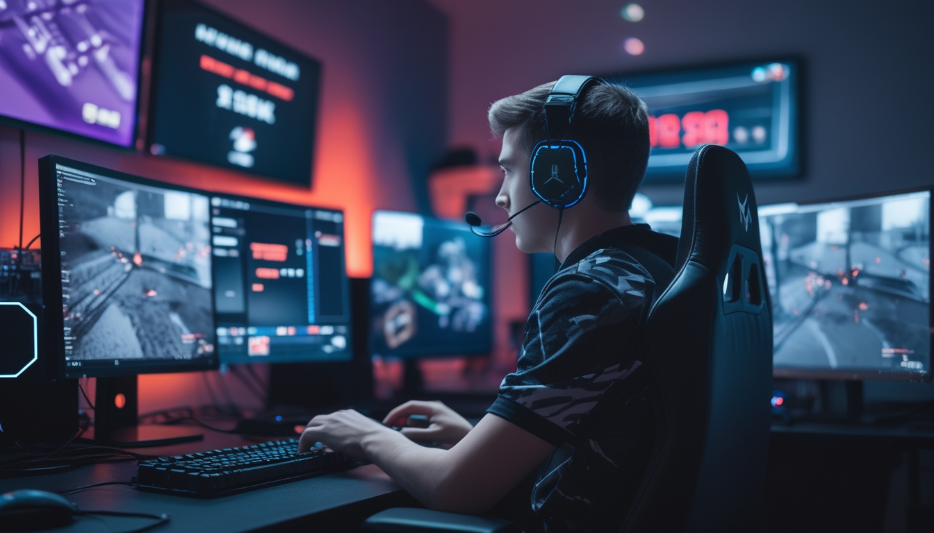 Seorang pemain game profesional sedang fokus bermain mode Bomb Mission Point Blank di depan beberapa monitor dengan peralatan gaming di sekitarnya.