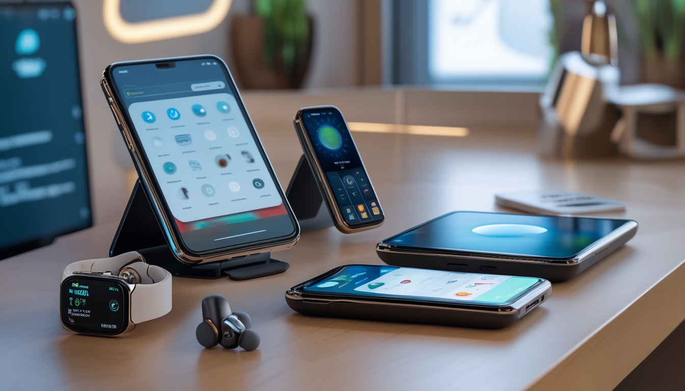 Meja kerja dengan berbagai gadget terbaru tahun 2026 seperti smartphone, tablet lipat, earbud nirkabel, jam tangan pintar, dan perangkat asisten rumah pintar.