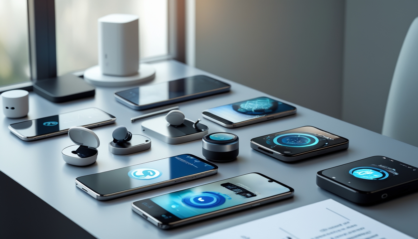 Beberapa gadget teknologi terbaru tahun 2026 seperti smartphone, jam tangan pintar, earbud nirkabel, dan perangkat rumah pintar yang tersusun rapi di atas meja modern.