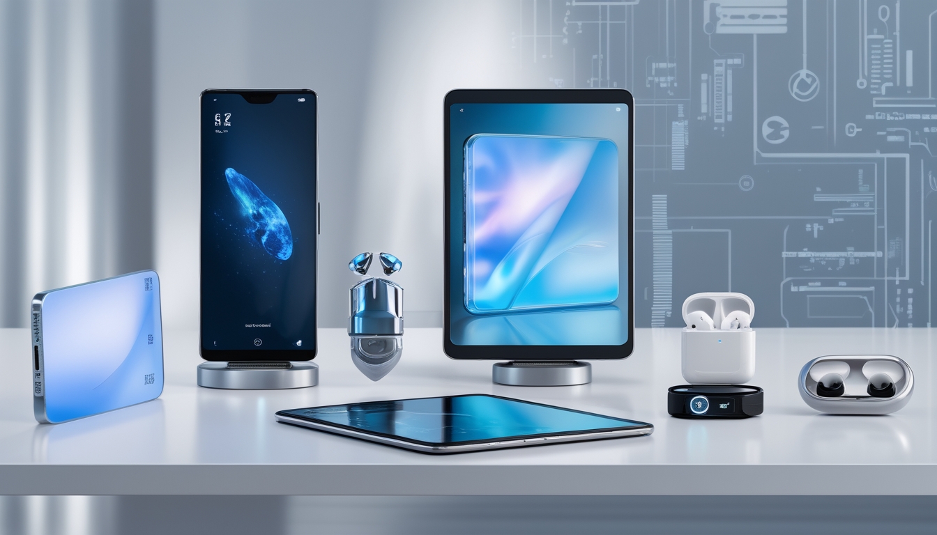Meja kerja modern dengan berbagai gadget canggih tahun 2026 seperti smartphone holografik, tablet lipat, perangkat wearable, dan earbud nirkabel.