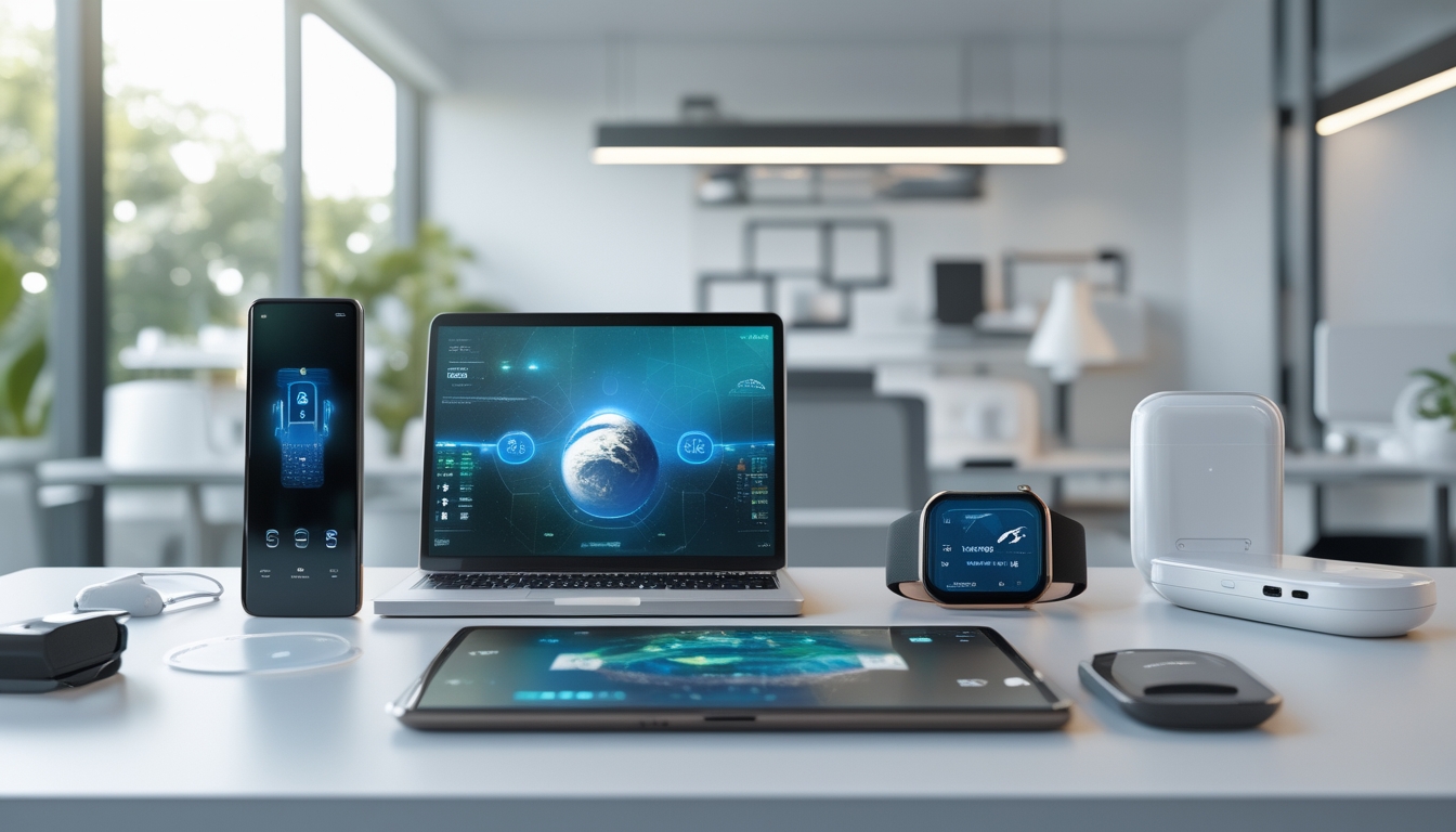 Berbagai gadget terbaru tahun 2026 yang canggih tersusun rapi di atas meja kerja modern.