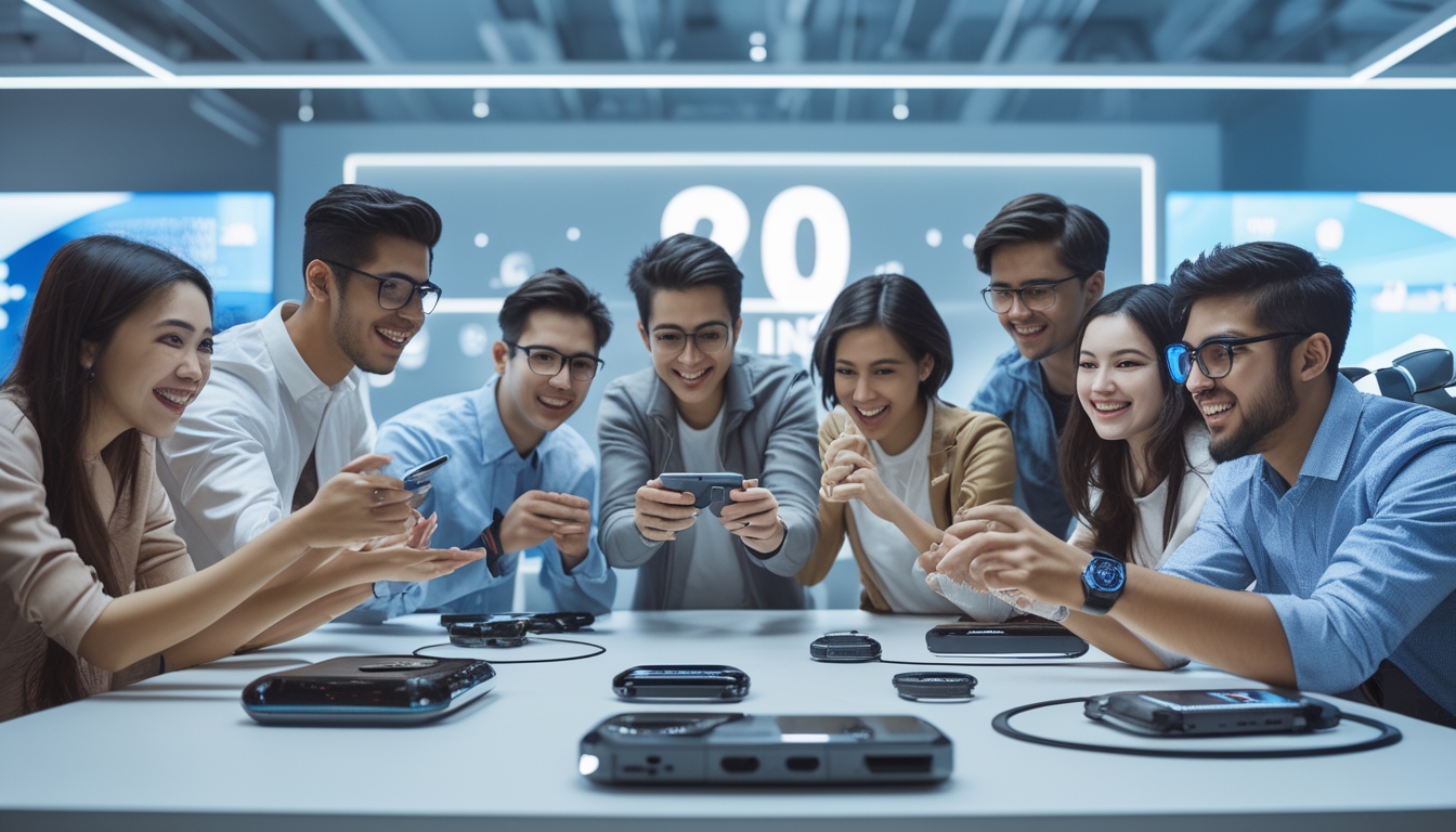 Sekelompok anak muda menggunakan berbagai gadget terbaru tahun 2026 di lingkungan modern yang cerah dan futuristik.