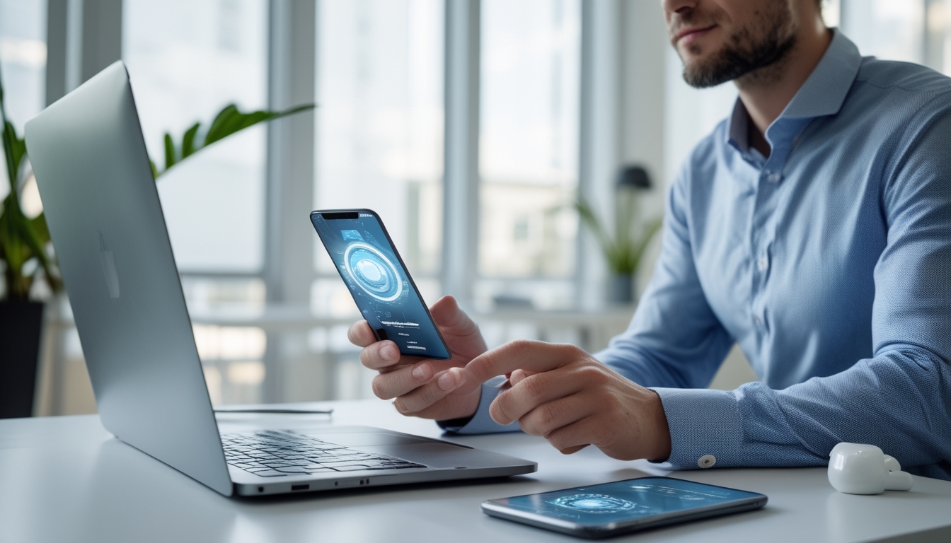 Sebuah ruang kerja modern dengan gadget terbaru di atas meja, termasuk laptop futuristik dan smartphone transparan, dengan seseorang sedang bekerja fokus di kantor yang terang dan rapi.