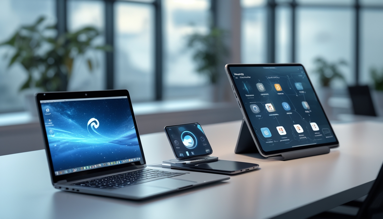 Meja kerja modern dengan laptop, smartphone, dan tablet terbaru yang tertata rapi di ruangan kantor dengan cahaya alami dan tanaman hijau.