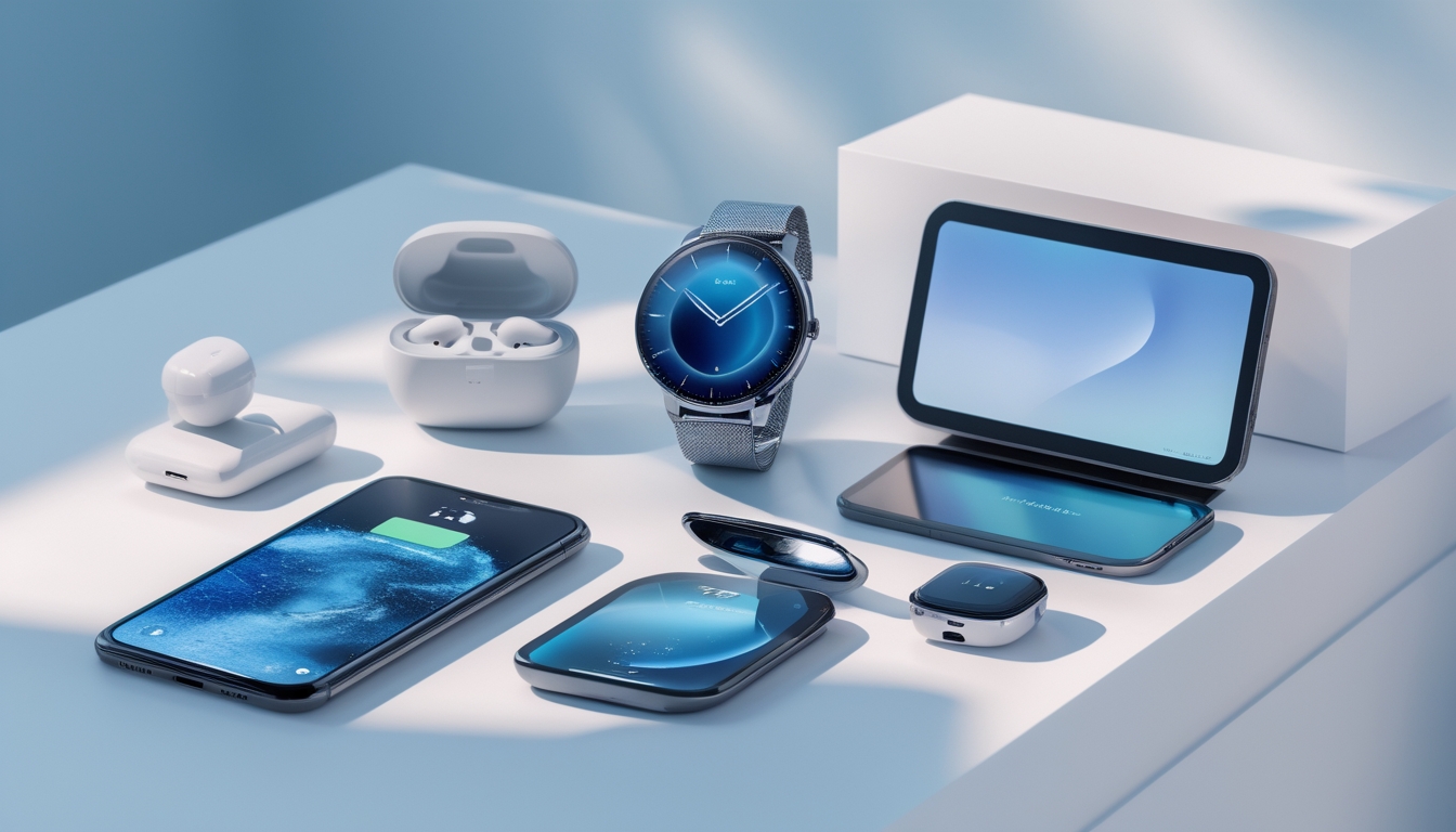 Beberapa gadget modern terbaru tahun 2026, termasuk smartphone, smartwatch, earbud nirkabel, dan tablet, disusun rapi di atas permukaan putih dengan latar belakang kabur berwarna biru dan perak.
