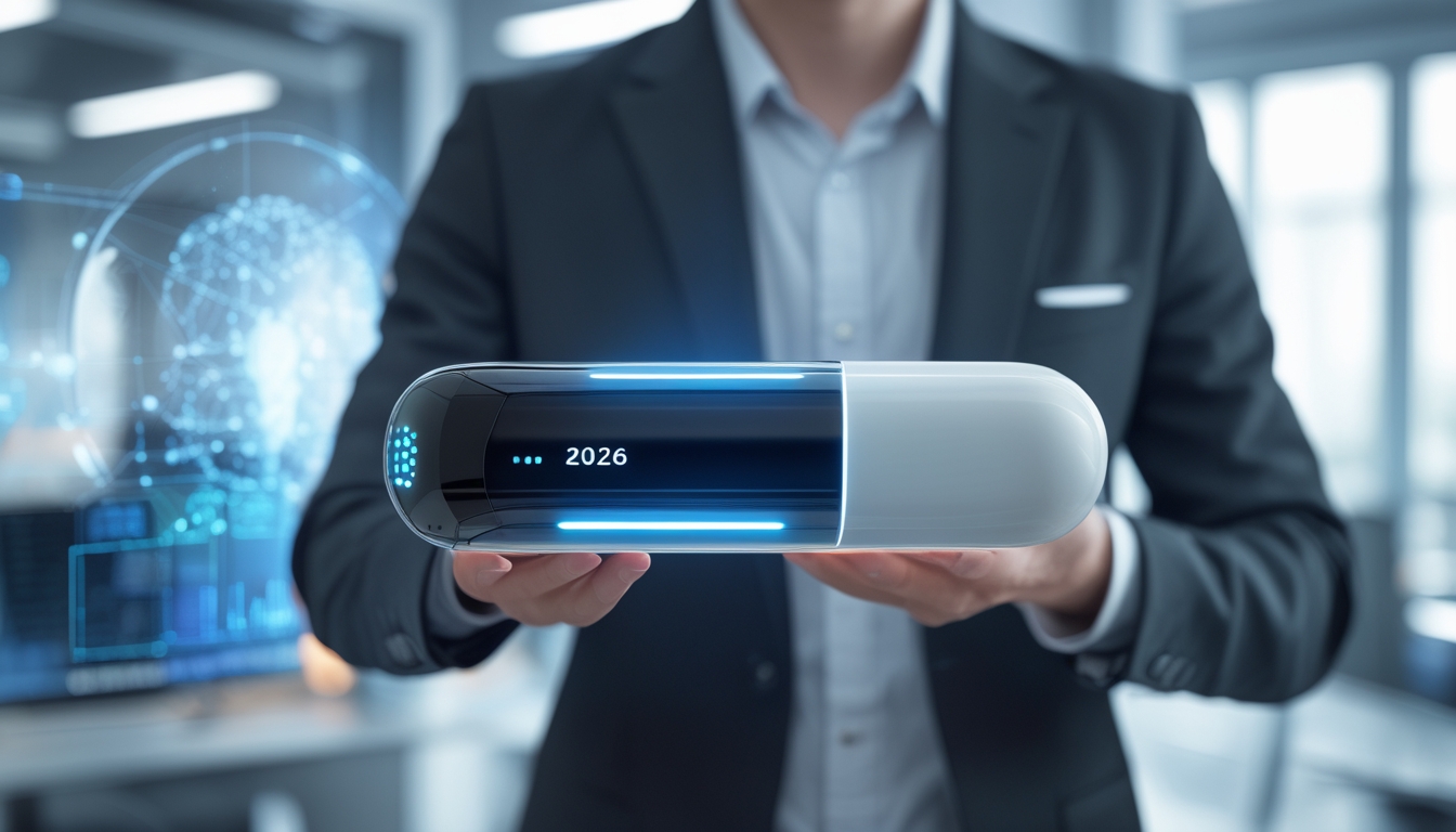 Seseorang memegang gadget futuristik dengan latar belakang kantor modern yang menampilkan hologram dan layar digital.