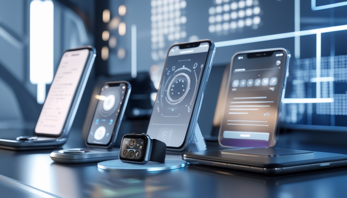 Beberapa gadget futuristik terbaru dengan fitur kecerdasan buatan ditampilkan di atas meja dalam latar belakang teknologi modern.