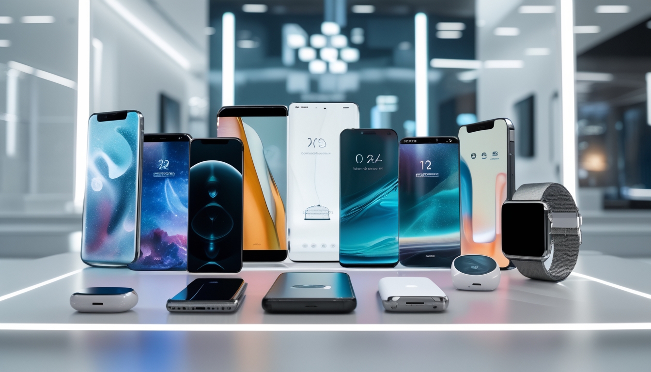 Beberapa smartphone dan gadget terbaru tahun 2026 diletakkan rapi di atas meja putih dengan latar belakang ruang pamer teknologi modern.