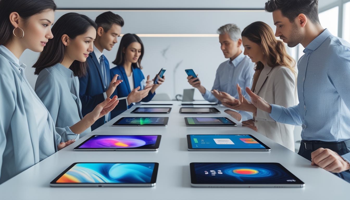 Beberapa orang muda sedang membandingkan gadget terbaru di atas meja di ruangan kantor yang terang dan modern.